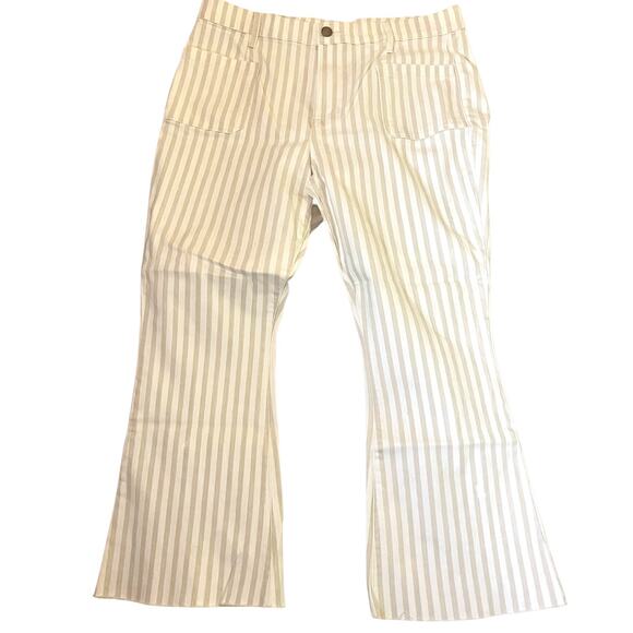 FRAME Women’s Tan+White Striped Le Bardot Crop Flare Raw Edge Denim Pant-size 33 - Picture 11 of 15